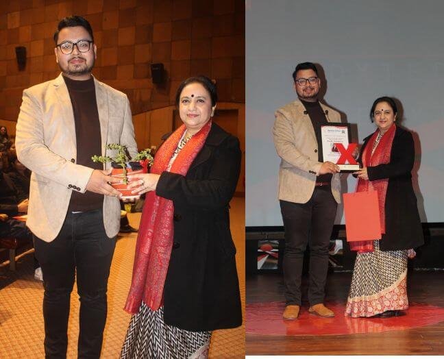 Vishal Saklani receiving recognition at a TEDx event